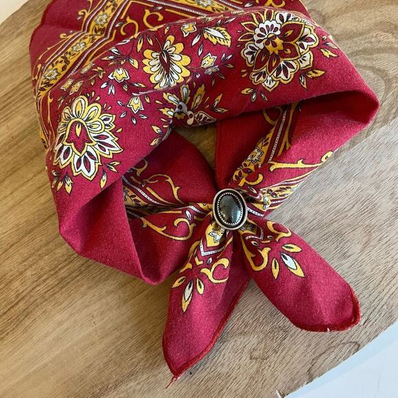 Vintage 90s Cottage Red & Yellow Floral Cotton Square Bandana Neck Tie - Picture 1 of 12